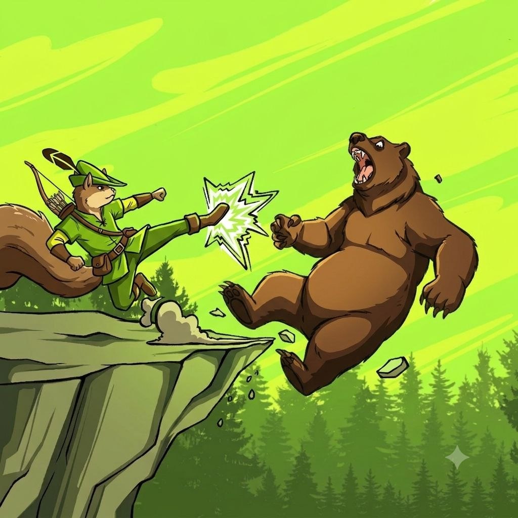 The hooded squirrel kicking a bear off a cliff in the green forest