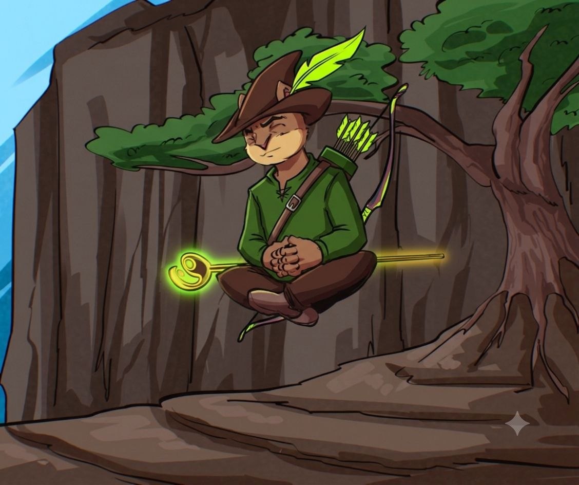 Hooded squirrel meditating mid-air with a glowing staff beneath a forest tree