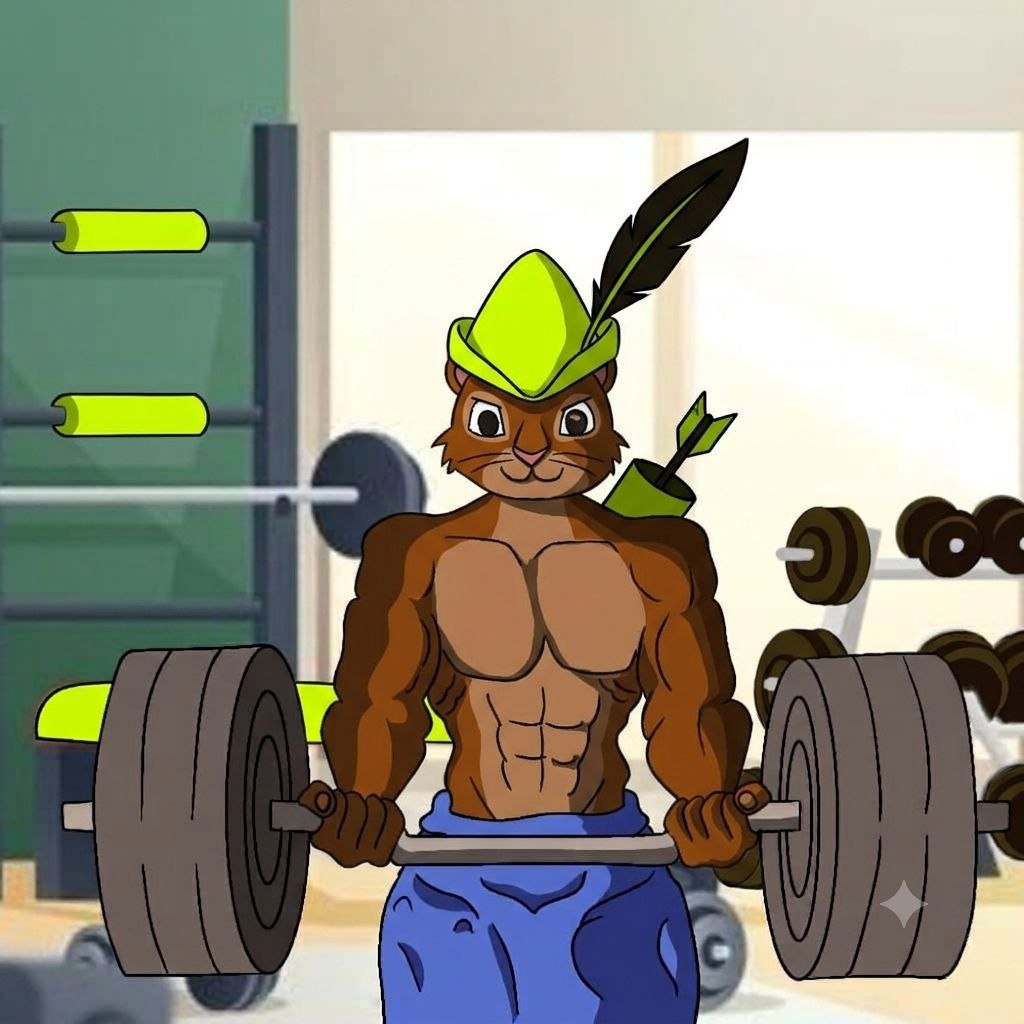 Peanut the squirrel in the gym, jacked and wearing his green hood